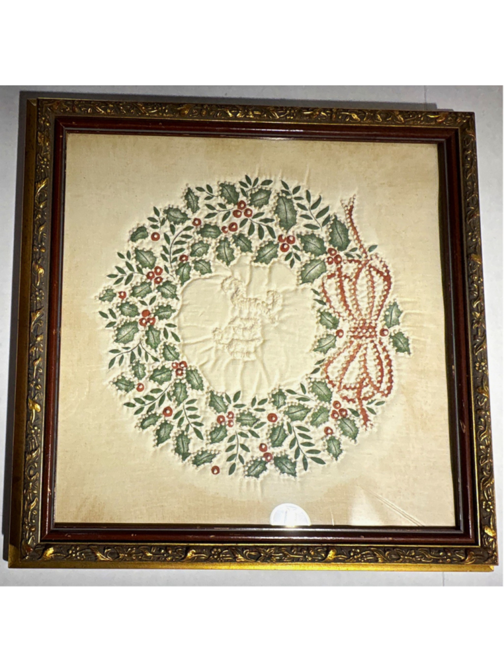 Framed Needlepoint Christmas Holly Berry Wreath Wall Decor w/ Bow "Joy"